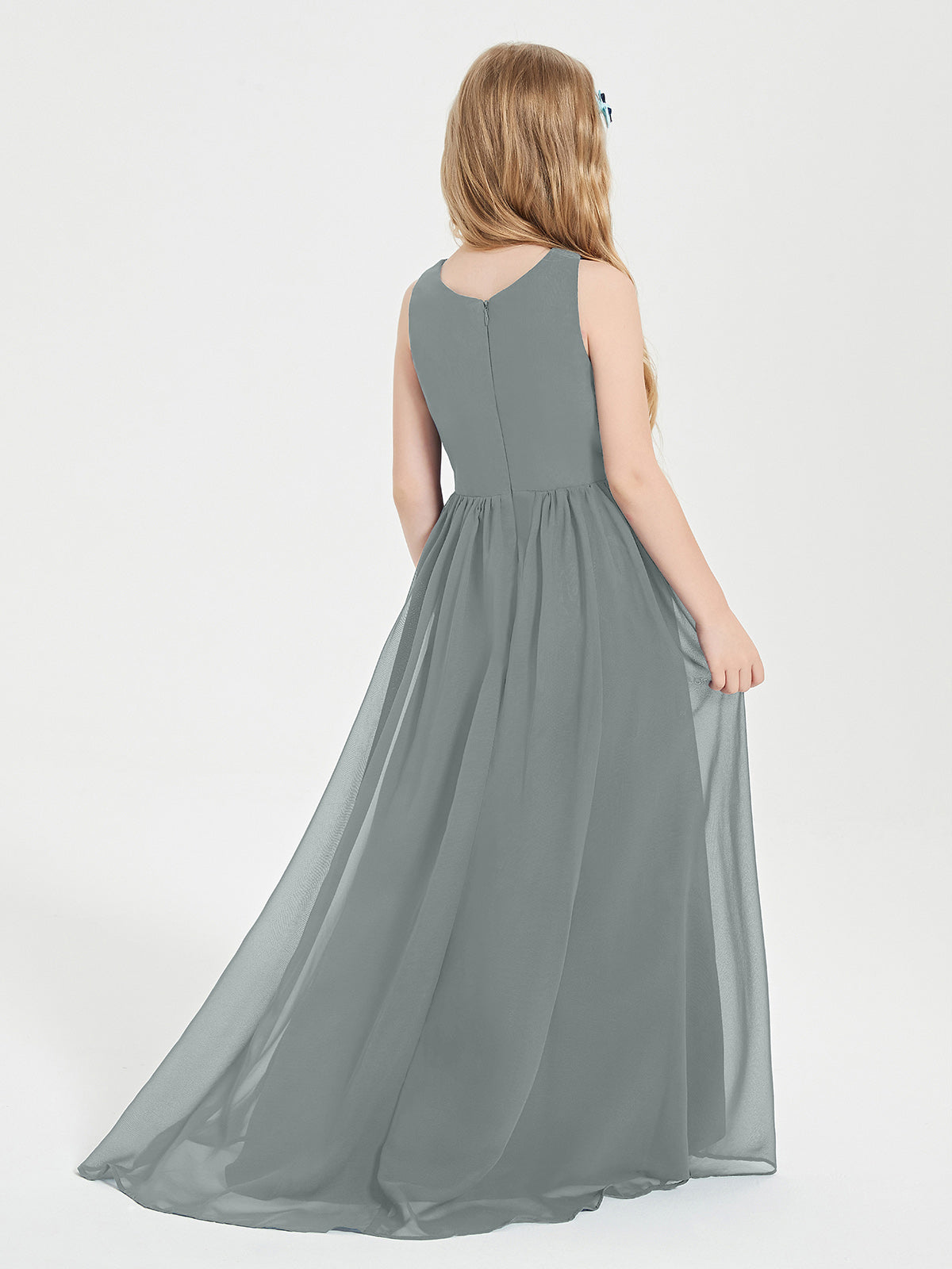Asymmetrical Junior Bridesmaid Dresses with Scoop Neckline Steel Grey
